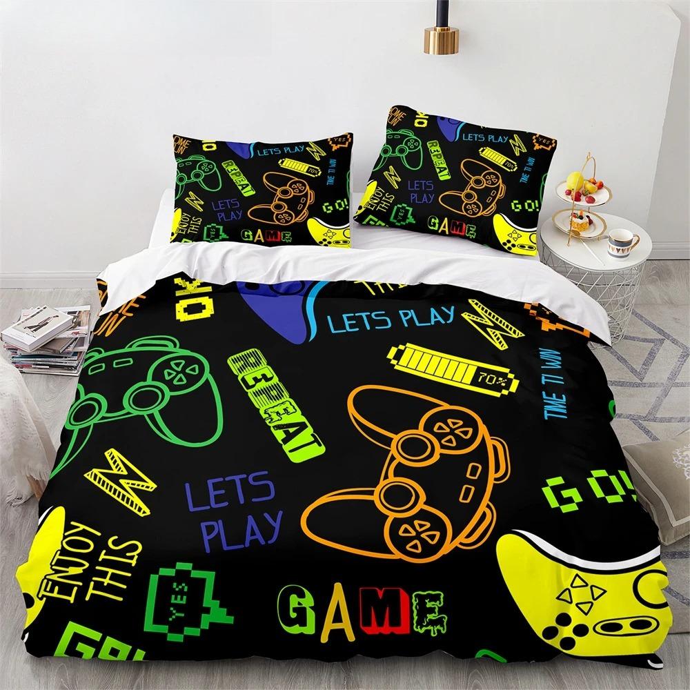 Game King Queen Duvet Cover 3D Black Game Handle Bedding Set for Kids Teens Boys Man Gamer Bedroom Decor Quilt Cover Pillowcase