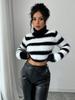 Fall Winter New Women's High Neck Striped Knit Sweater Top Ribbed Pullover