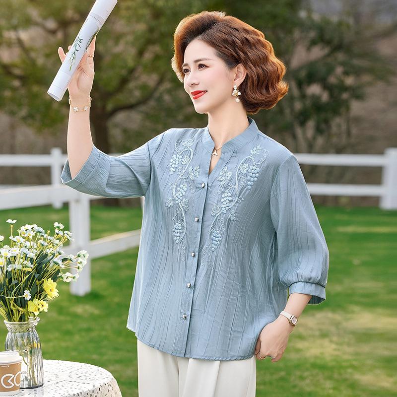 Women s Summer Embroidered Lapel Cardigan: Slimming, Age-Reducing Loose Fit Blouse 2XL (95-115 jin) серый/синий