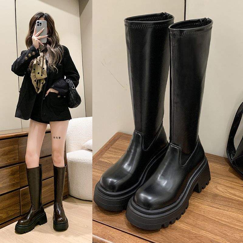 Black Thick-soled Heightening Boots for Women, But Knee-high Knight Boots, Thick Heel for Small Men, Long Tube, Thin Boots, Non-slip.