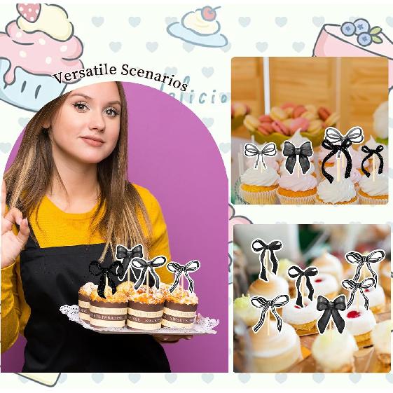 Coquete Birthday Party Decorations - 36PCS Black Bow Cupcake Toppers Decoration Bow Party Baby Shower Decor Supplies Bow Theme Bridal Shower