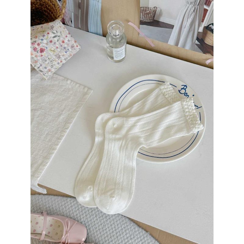 Summer Lightweight Sock Children's Mid-length Pile Socks with Geometric Diamond Pattern Lace Pure Cotton Socks, White Socks