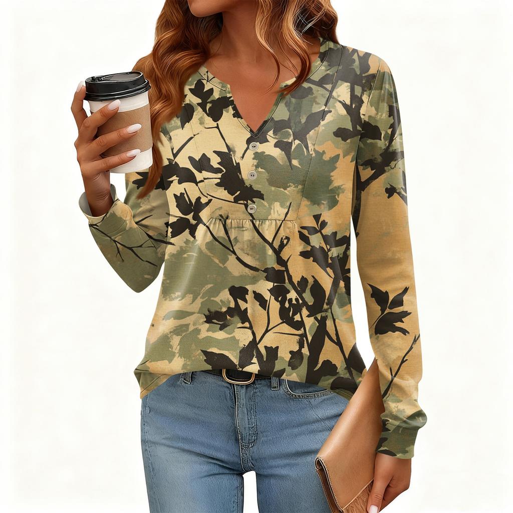 Γυναικείο Χαλαρό, V-λαιμόκοψη, Ρετρό Χρώμα, Μπλοκ με Φλοράλ Σχέδιο, Μακρυμάνικο Πουλόβερ T-shirt