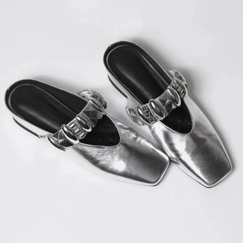 Fashion Luxury Crystal Women Flats Slippers Square Toe Mules Shoes Designer Slingback Sandals Summer Home Shoes 2025 Walking Zapatillas