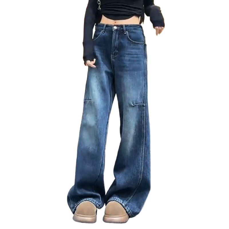 Retro design large size jeans women's summer new high waist American loose and thin straight wide leg trousers