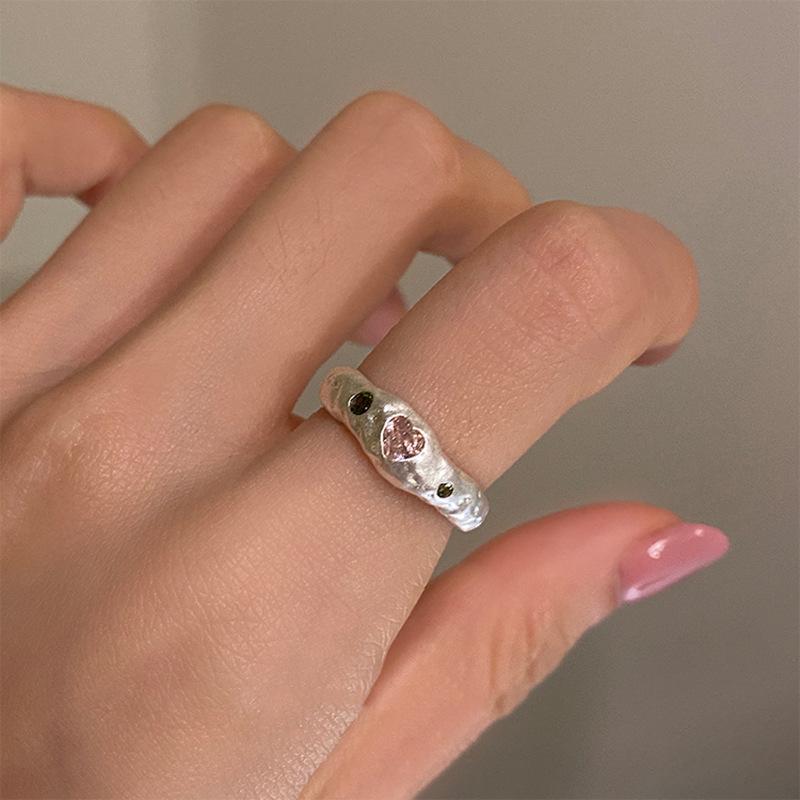 Irregular Texture Pink Diamond Love Ring Female Ins Wind Senior Sense Niche Personality Sweet Lava Texture Opening Casual Dainty Minimalist Ring