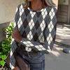 Top Casual de Mujer con Estampado de Cuadros, Cuello Redondo, Manga Larga y Canalé para el Uso Diario y el Trabajo