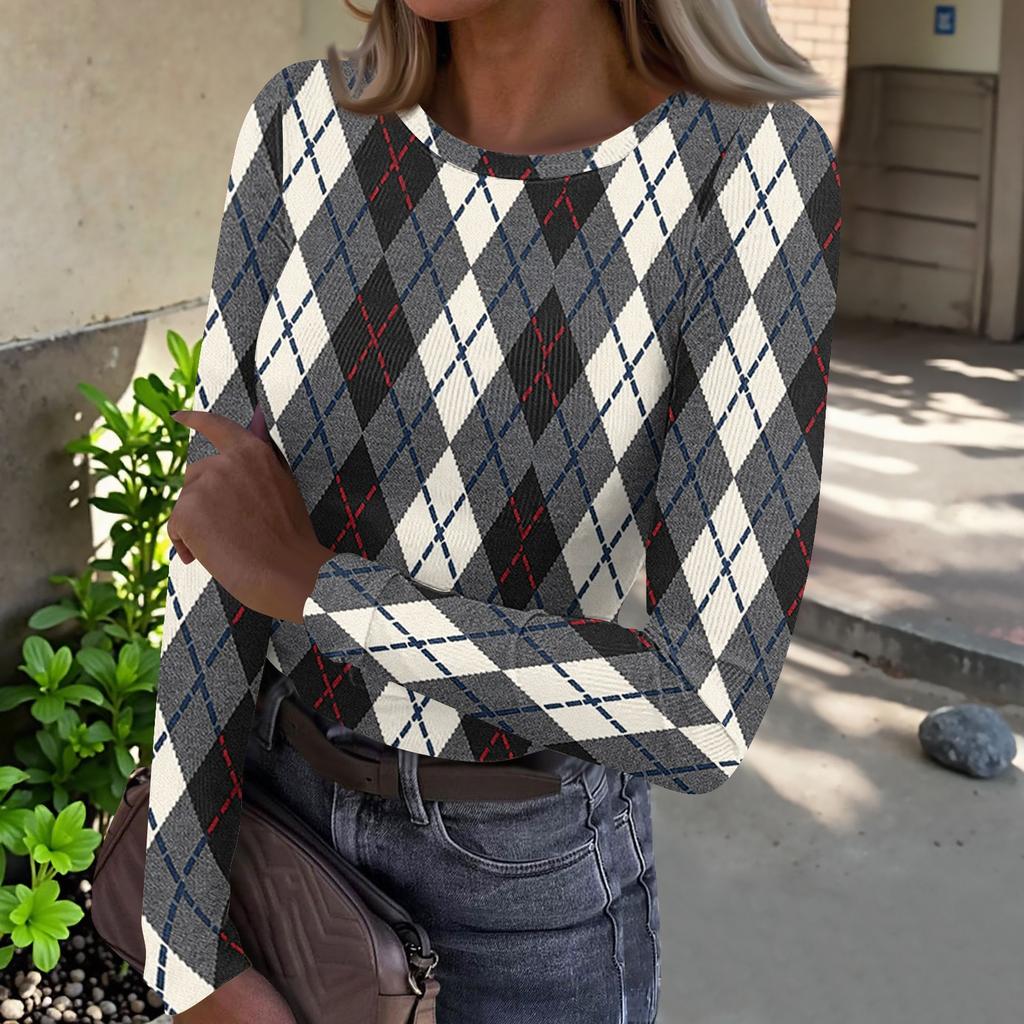 Top Casual de Mujer con Estampado de Cuadros, Cuello Redondo, Manga Larga y Canalé para el Uso Diario y el Trabajo