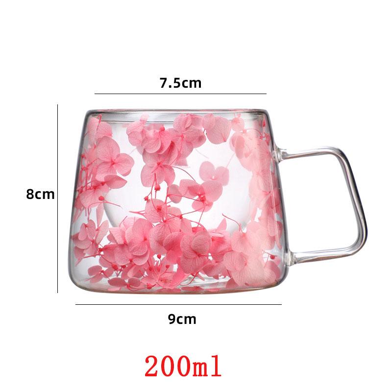 

200 мл Двойная стенка Кофейная кружка с ручками Прозрачные молочные стаканы Подарки Стеклянная чашка Наполните искусственными цветами Чайная чашка 200ml розовый