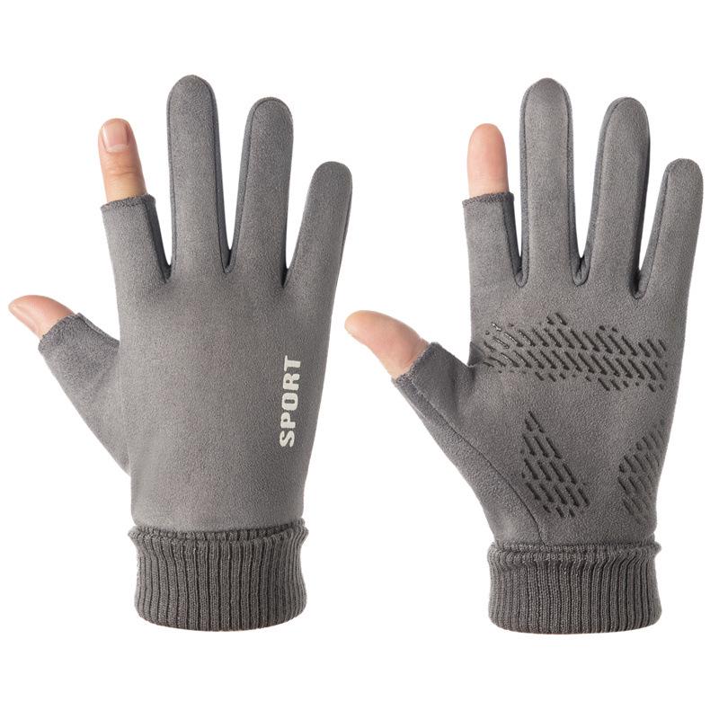 Men's Winter Cycling Suede Gloves - Windproof, Touchscreen, Two-Finger Exposed for Motorcycle and Takeaway Use.