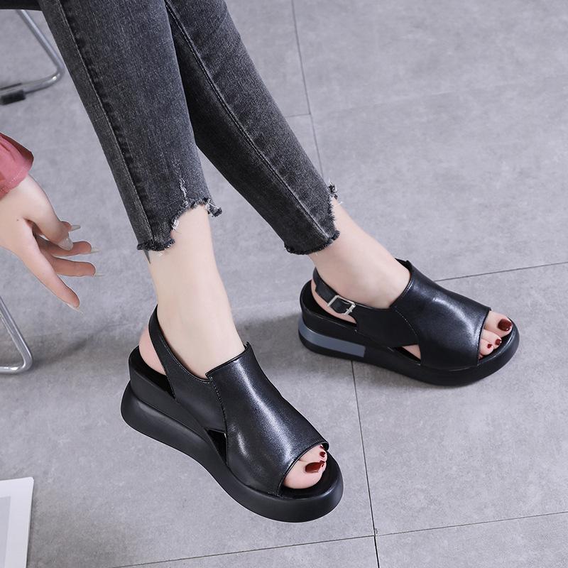2023 Women's Summer Soft Leather Peep-Toe Wedge Sandals with Thick Soles