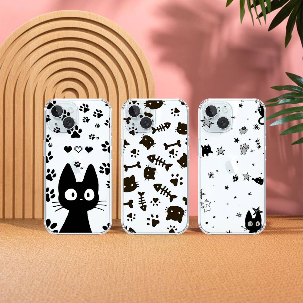 B-Black Cat Phone Case For Iphone17 16 15 11 13 14 Pro Max 7 8 Plus X Xr Xs Max Se2020 12mini Transparent Cov