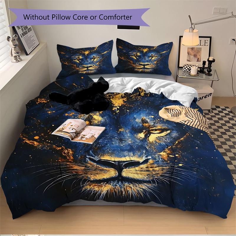 3pcs Lion Face Artwork Duvet Cover Set - Machine Washable, Includes 1 Cover and 2 Pillowcases, No Core Included Yy251013045