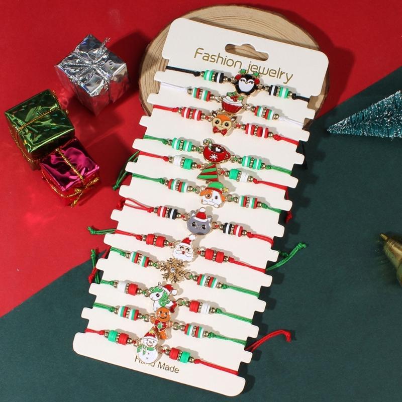 Festive Adjustable Rope Bracelet Set With Santa Claus Snowman Charm 12PCS Zinc Alloy Holiday Gift For Women