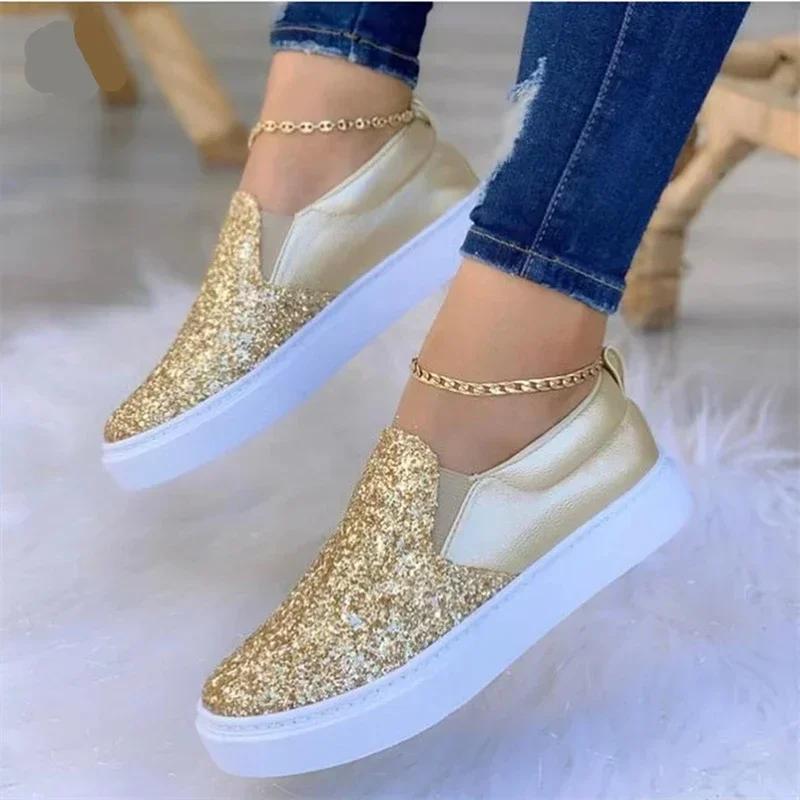 Women Shoes Crystal Slip On Flat Spring Loafers Ladies Autumn Glitter Platform Fashion Moccasins Sneakers Tennis Female Slip-On