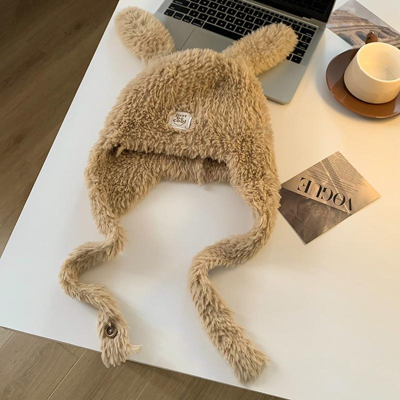 

Rabbit ear knitted plush hat for women, autumn and winter warm and cold-proof head wrap hat, versatile ear protection Lei Feng hat, woolen hat M（56-58cm） хаки