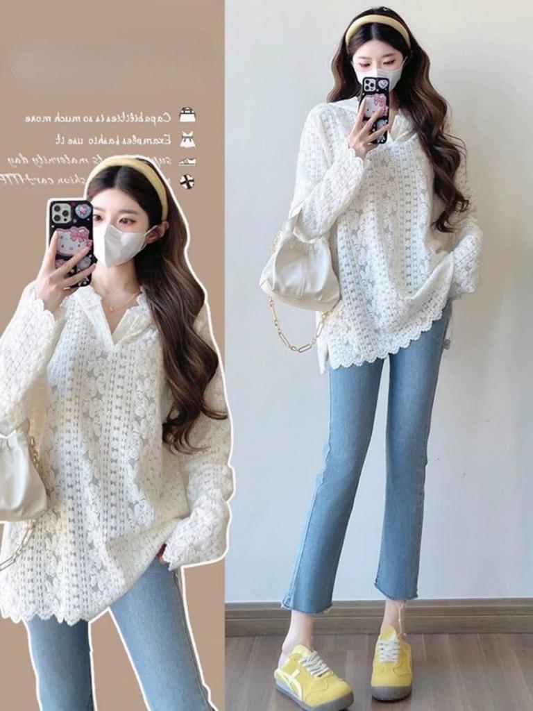 Elegant Plus Size Lace Patchwork Hooded Shirt - Slimming Long Sleeve Base Layer