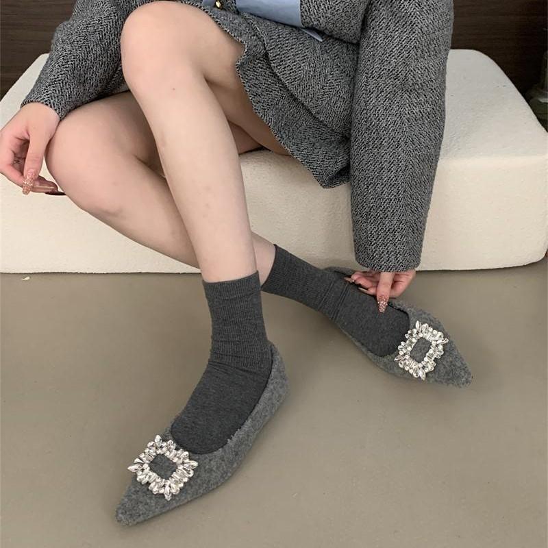French Small Fragrant Woolen Single Shoes Women's 2025 New Rhinestone Square Buckle Flats Evening Shoes Fleece Low Heels