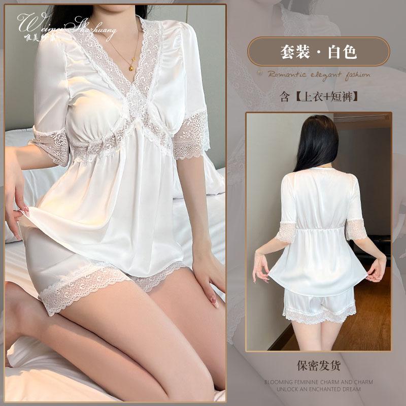 

Autumn new French court style V-neck suit, sexy lace lace with chest pad suit for women M белый