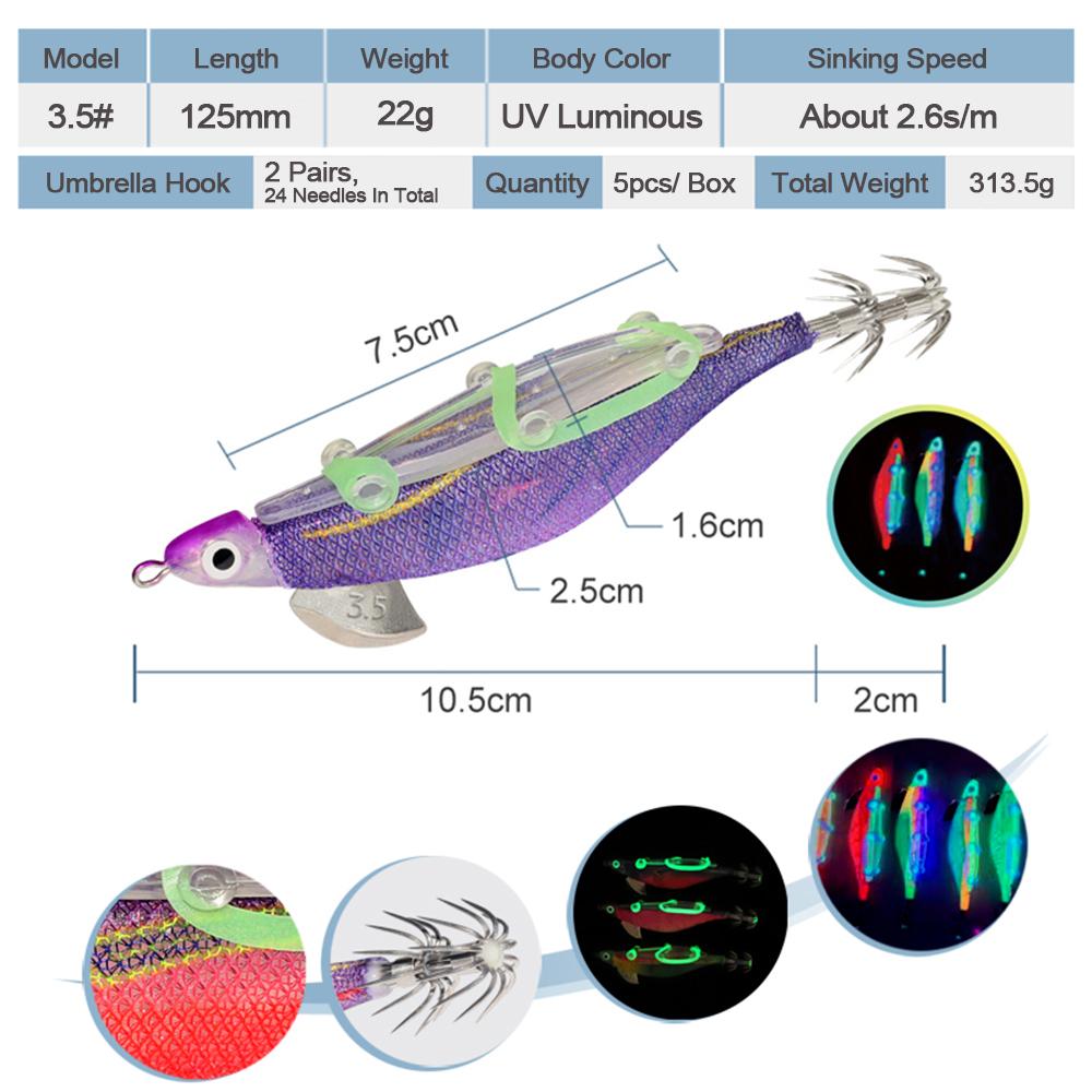 5pcs Fishing Luminous Shrimp Lure Hard Artificial Lure Wood Shrimp Bait with Squid Hooks