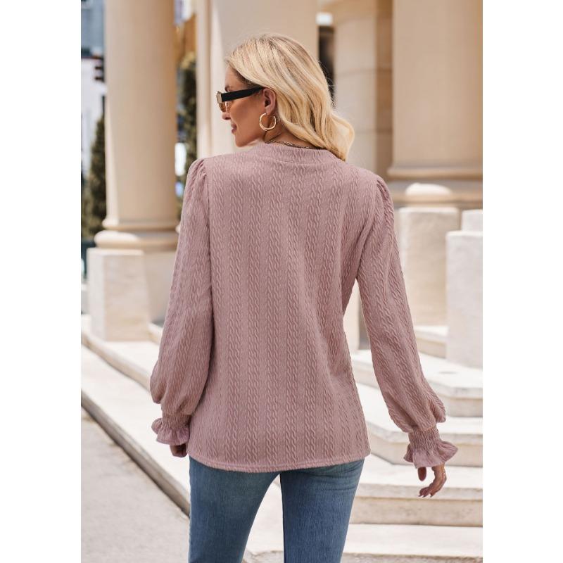 Autumn and Winter Women's Blouse Solid Color Knitted Jacquard Long-sleeved T-shirt Twist V-neck Tops