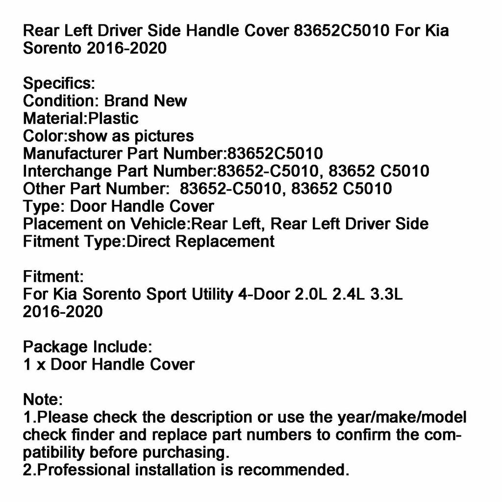 Bakre Vänster Förarsida Handtagskåpa 83652C5010 För Kia Sorento 2016-2020