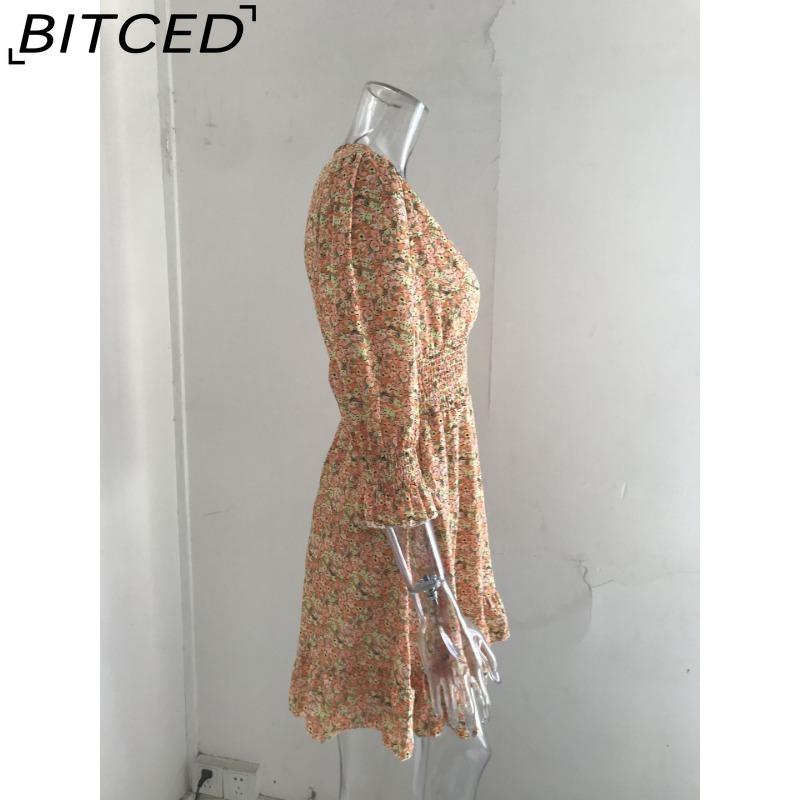 BITCED Summer Floral Print Mini Dresses Women Vintage Sexy A-Line V-Neck Half Sleeve Party Dress Female Casual Elegant Beach Dress