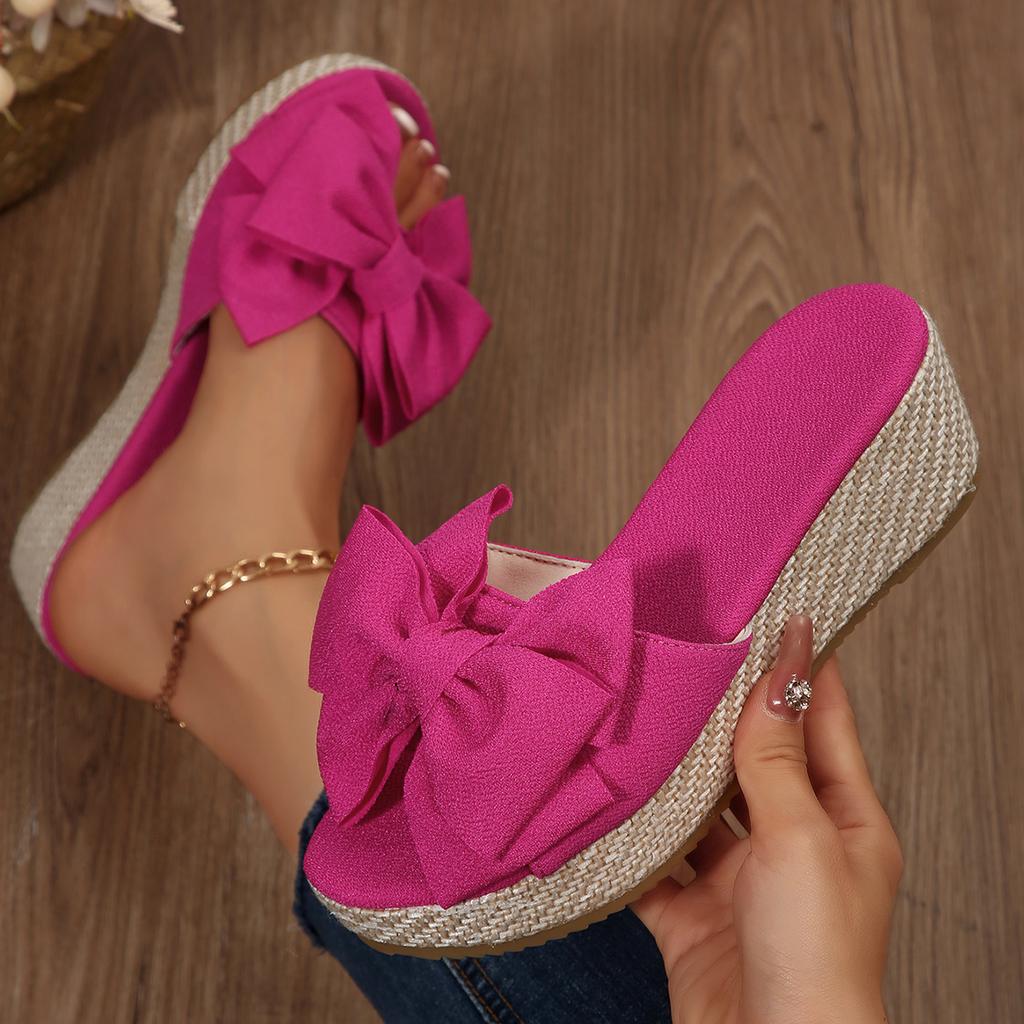 2025 Women Wedge Slippers Leopard Print Bow Tie Slippers Platform Outdoor Sandals Leisure Large Size Shoes Women Slides Women