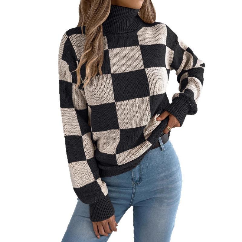 Women Casual High Neck Color Block Plaid Lantern Long Sleeve Pullover Sweater