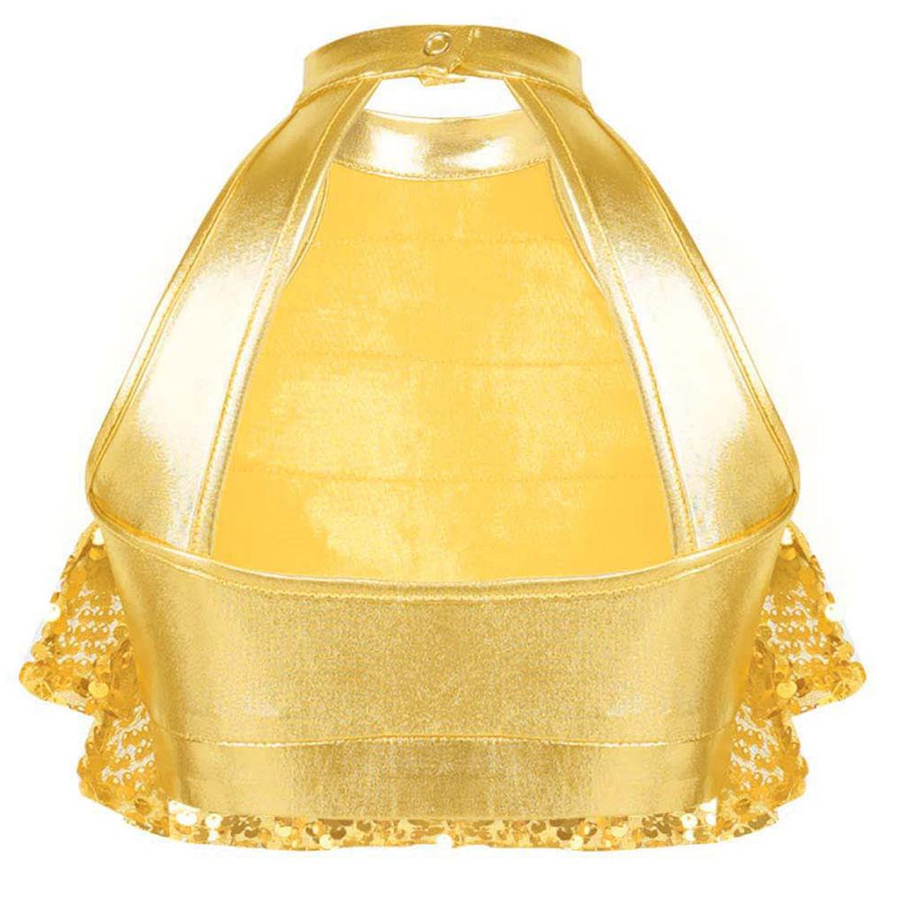 Girls Sleeveless Mock Neck Shiny Sequin Tiered Backless Crop Top Dance Performance Top
