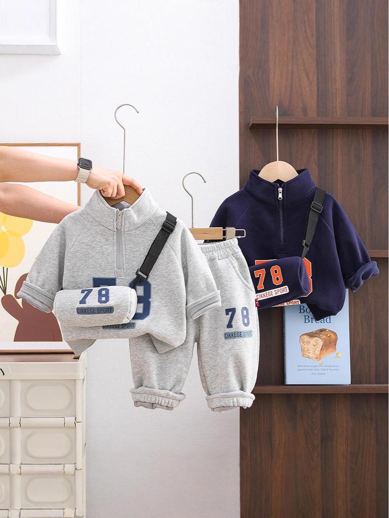 2025 Jungen Trendiges Fleece-Sweatshirt mit halbem Reißverschluss & Umhängetaschen-Set für Herbst/Winter