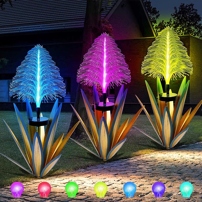 Metal Outdoor Decoration Gift Metal Agave Plants Outdoor Decor, Metal Agave Yard Art Garden Lights Solar Outdoor, 7 Color Changing Garden Yard