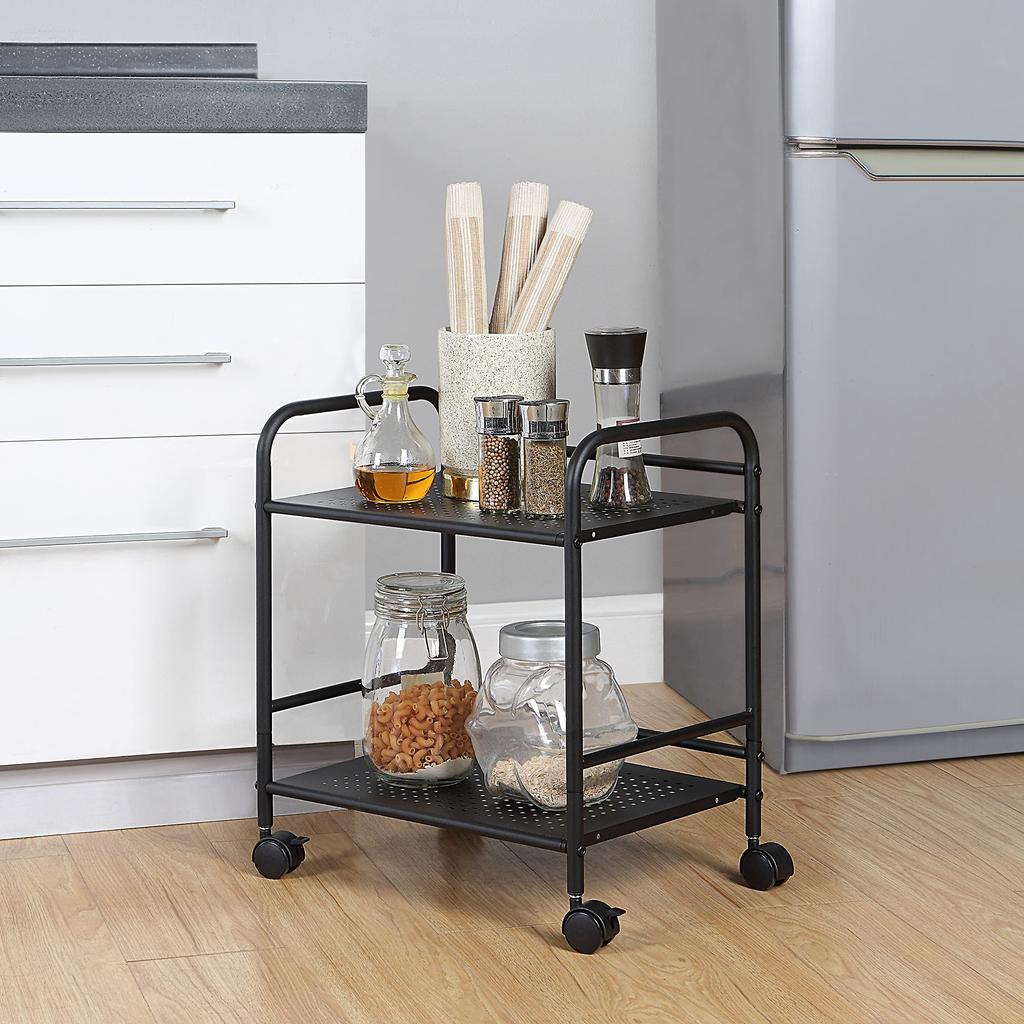 Sunny Point Steel Storage Cart, Under-Desk Storage, Side Storage, Casters with Locking Casters, Kitchen Rack (2 Tiers, Black)
