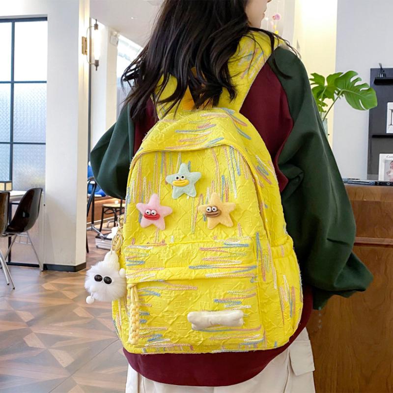 Autumn New Simple Lightweight Student Backpack Junior/high School Girl Schoolbag Cute Sweet Embroidery Striped Travel Book Bags with Cartoon Pendant