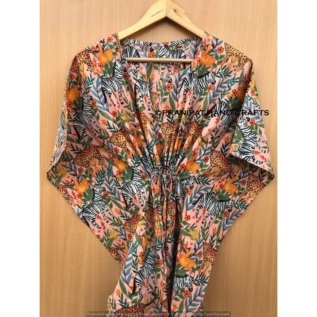 Baumwolle Damen Sommer Hippie Nachtwäsche Dschungel Print Pfirsich Langes Maxi Kaftan Kleid CKFTN-SCRN-FULL-BUYIT-086