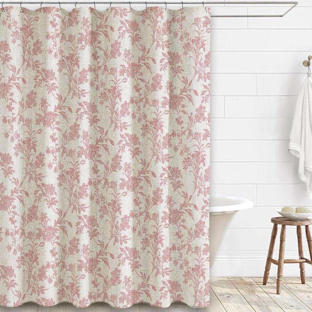 Blue Floral Cotton Shower Curtain Rustic Pastoral Waterproof Plastic Bathroom Liner With Fresh Flower Pattern