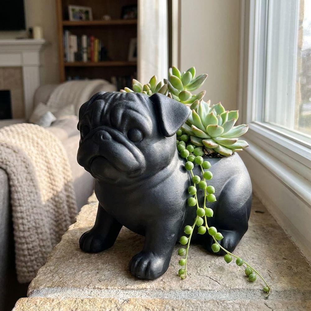 3D Printed Animal Shaped Pot Plastic Pug Figurine Plant Holder Desktop Display