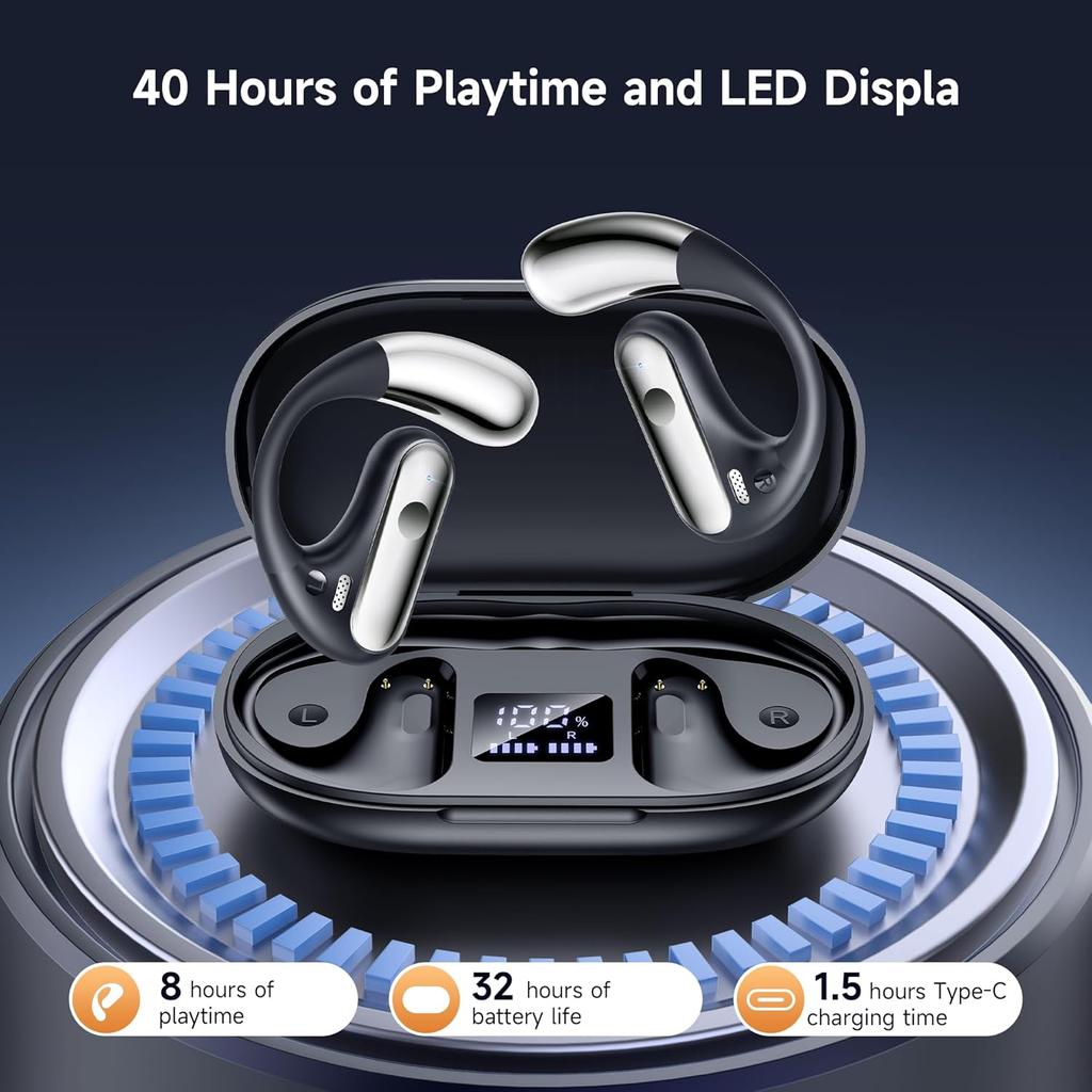 Offene Kopfhörer mit Mikrofon, Over-Ear Kabellose Ohrhörer mit Ohrbügel 80H Wiedergabezeit Bluetooth 5.4 Kopfhörer mit LED-Anzeige Ladecase IPX7 Android iOS