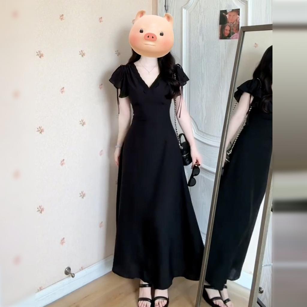 French Hepburn Style Black V-neck Dress Children's Summer New Popular Beautiful Waist Beautiful Long Dress