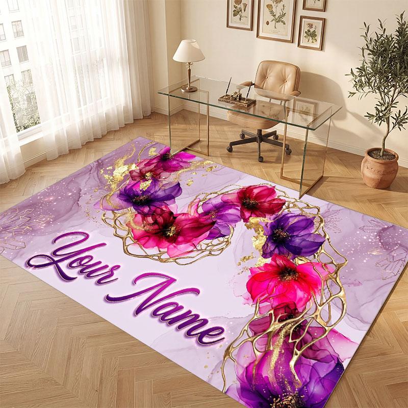 Floral Garden Theme Crystal Velvet Floor Rug Personalized Custom Name Text Warm Carpet Home Decoration