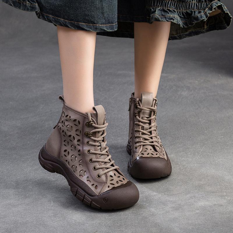Genuine Leather Perforated High Top Roman Boots for Women Chunky Sole Retro Style Side Zipper Sandals