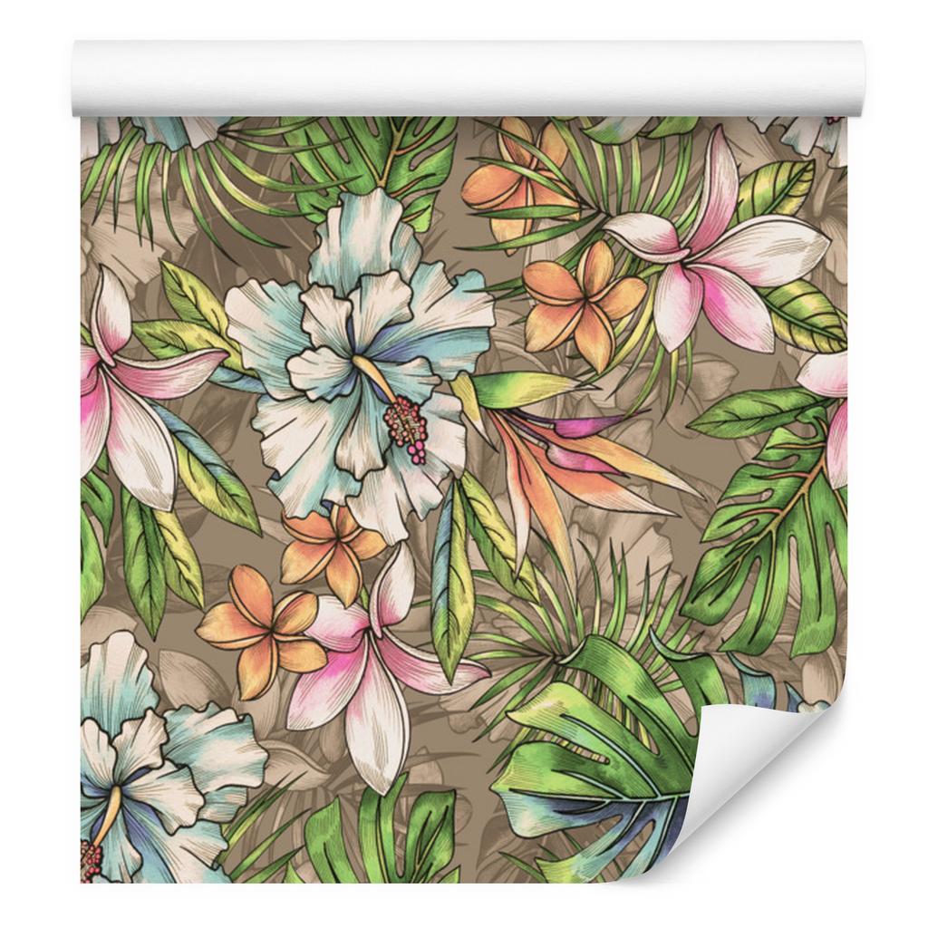 Paradise flowers and palm and monstera leaves wallpaper 50x1000