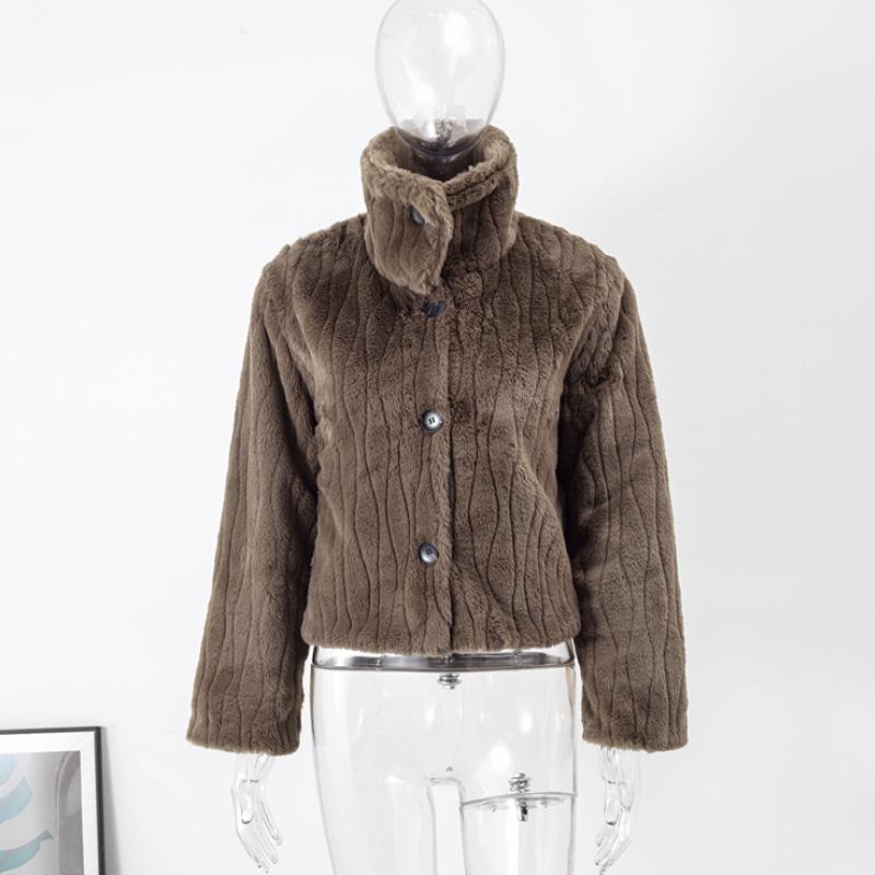 

Утепленная меховая куртка женская уличная водолазка с длинным рукавом свободное женское пальто 2024 весна-зима винтажное однотонное теплое женское пальто XL коричневый