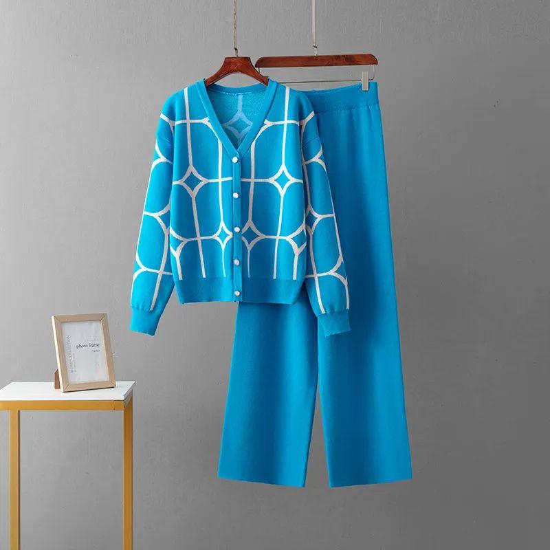 European and American Cross-Border Knitted Wide-Leg Pants Sweater Set Women Spring and Autumn New Loose Fashion Temperament Two-piece Set Fashion