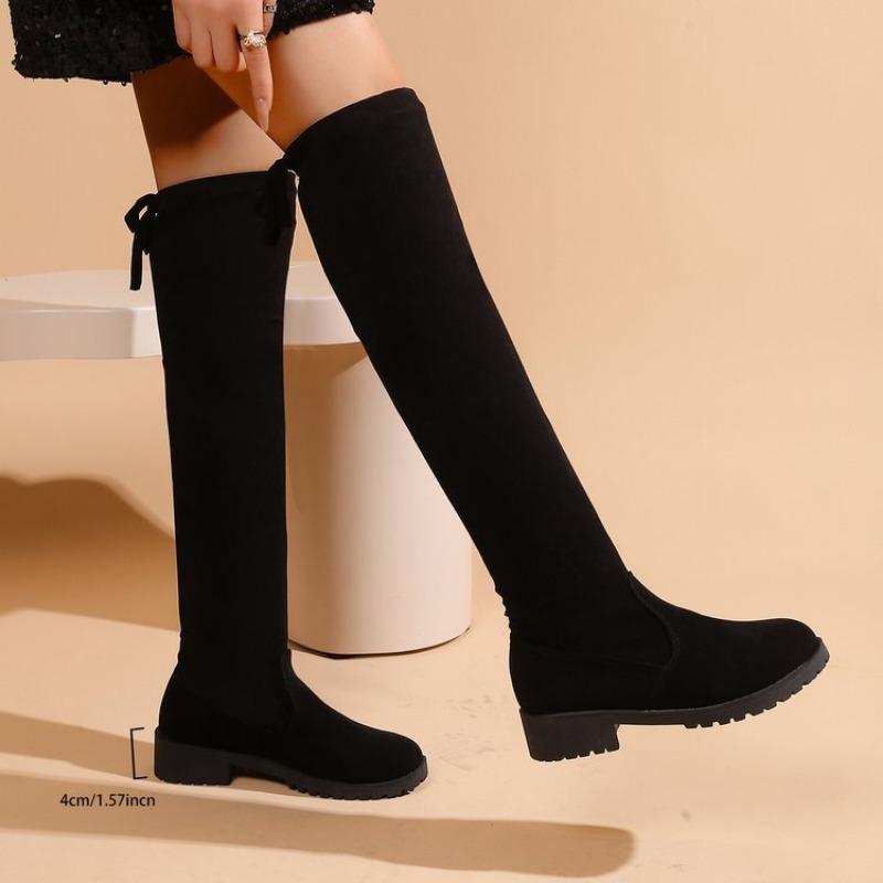 

Black knee boots autumn new round head sleeve women s boots thick heel fashion thin boots 35 чёрный