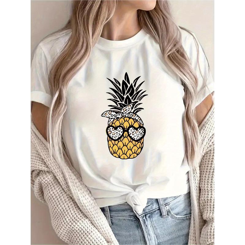 Damen Tropical Ananas Grafik T-Shirt Gelb Lässig Rundhalsausschnitt Kurzarm Maschinenwaschbar Urlaubsbereit Lässiges Ausgeh-Outfit Verspielt