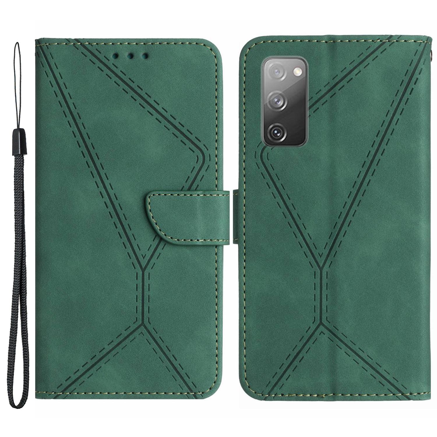 

HT05 Flip Wallet Phone Case for Samsung Galaxy S20 FE/S20 FE 5G/S20 FE 2022/S20 Lite,PU Leather Skin-touch Imprinted Line Stand Cover Green