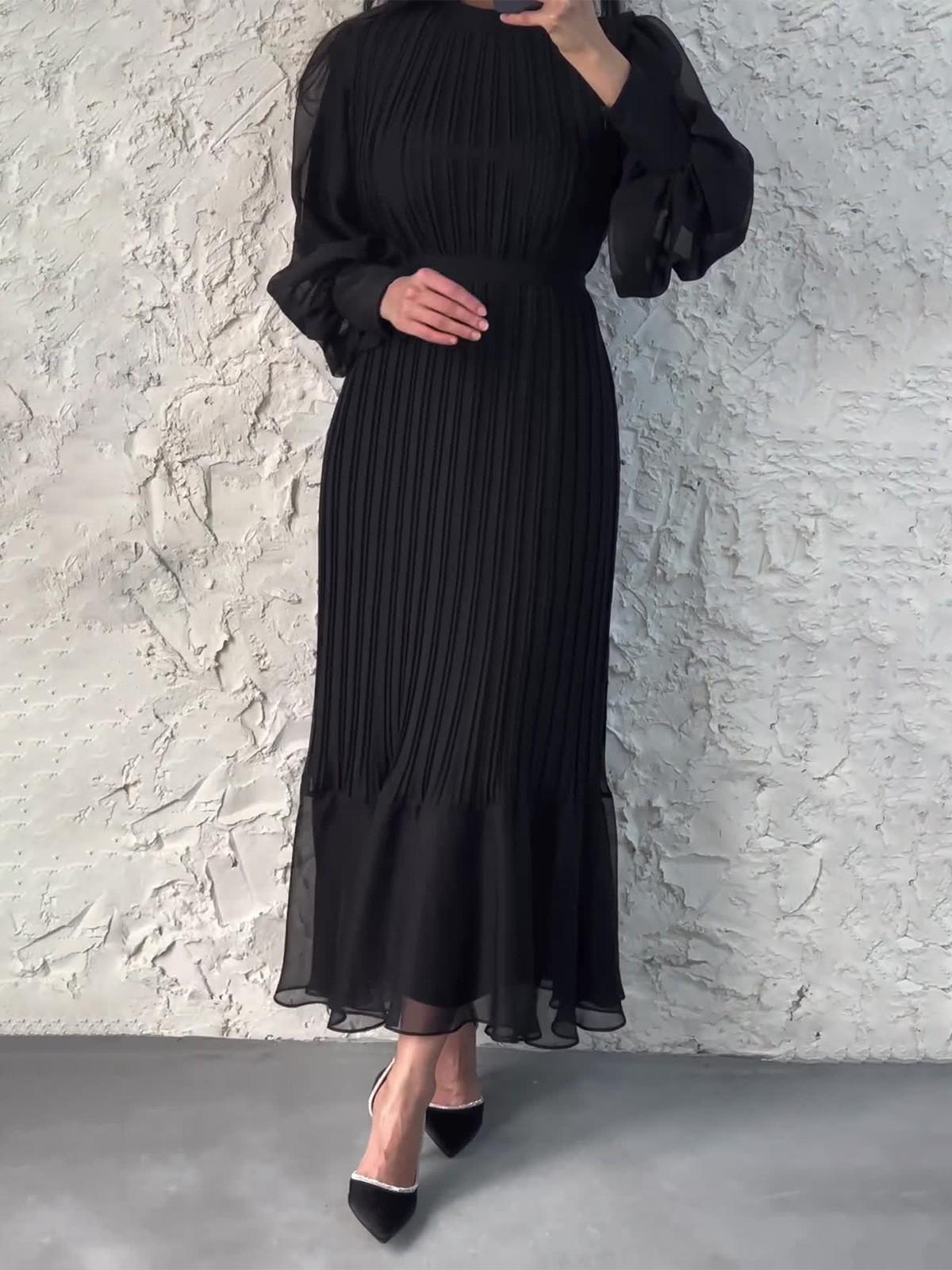 

Spring & Autumn Temperament Long Dress: Solid Color Mesh Stitching with Pleated Ruffle Hem 2XL чорний
