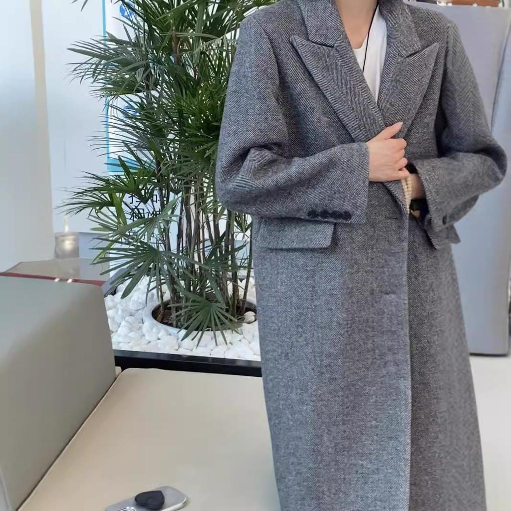 Daily commuter suit herringbone pattern wool coat thickened and thin autumn and winter new femininity gray