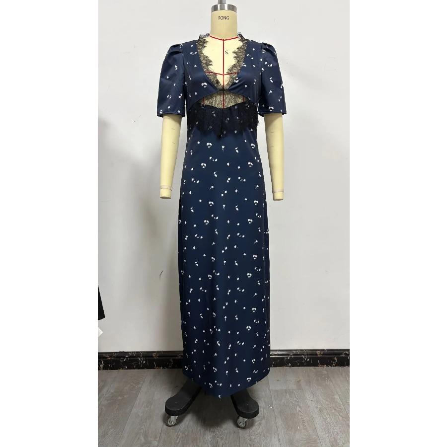 Polka Dot Backless Sexy Maxi Dress Women Gown Elegant Patchwork Lace Hollow Out Deep V Neck Sleeveless Bodycon Club Party Dress